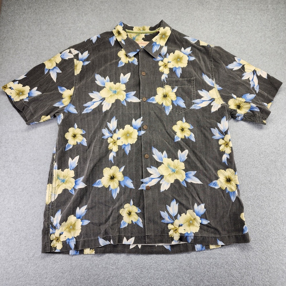 Tommy Bahama Men's XL Silk Gray Tropical Floral Short Sleeve Button Front Shirt - Picture 2 of 6